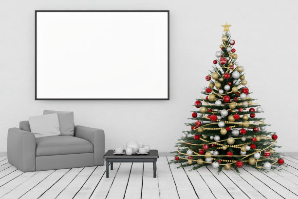 圣诞节。客厅里的圣诞树- 3D插图图片下载