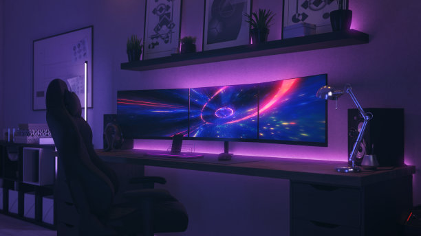 游戏室里有一台电脑。霓虹灯照明的3d渲染图片下载