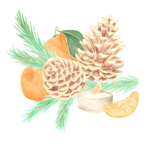 装饰，水彩插图圣诞节和新年的主题，冷杉球果，树枝，橘子和蜡烛图片下载
