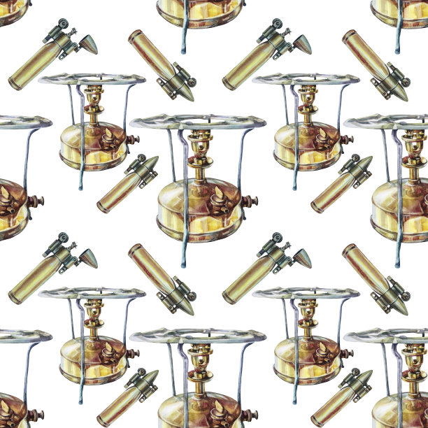 无缝图案水彩金色俄罗斯老式油炉primus和打火机在白色背景。复古手绘艺术旅行，露营，跟踪者，卡片，明信片，速写本，生存图片下载