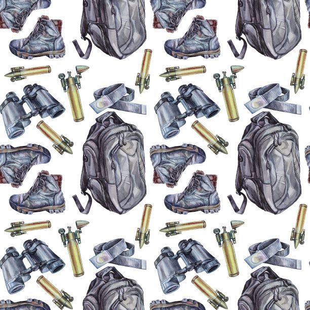 无缝图案水彩服装配饰:黑色军旅双肩包、军靴鞋、双筒望远镜、腰带、白色背景上的打火机子弹。手绘艺术野营，旅行图片下载