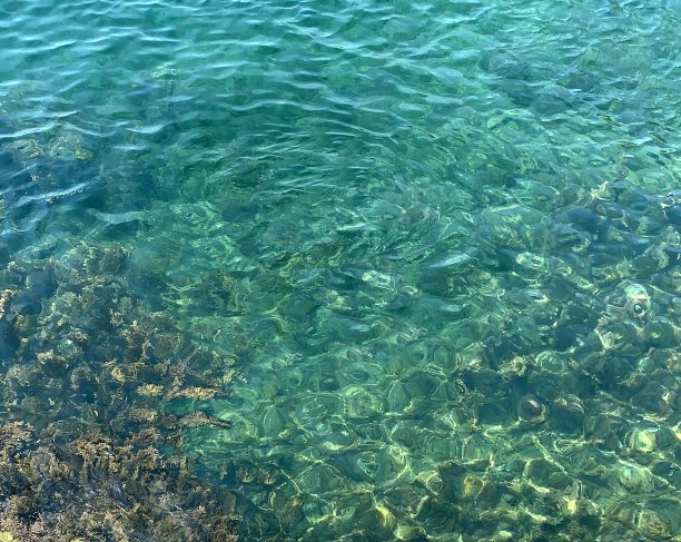 地中海绿松石般的海水。美丽的翠绿色水彩画。闪亮清澈的海水。图片下载