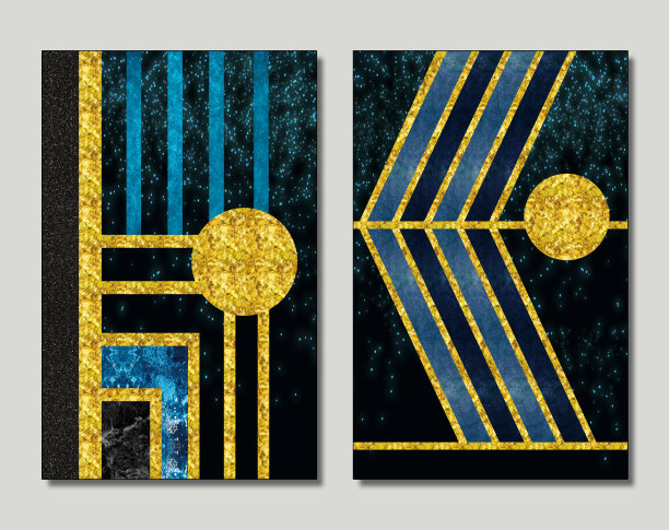3d现代壁画壁纸。金色线条和深蓝色大理石背景。3d墙现代框架打印在画布上。金色的阳光和线条，现代图片下载