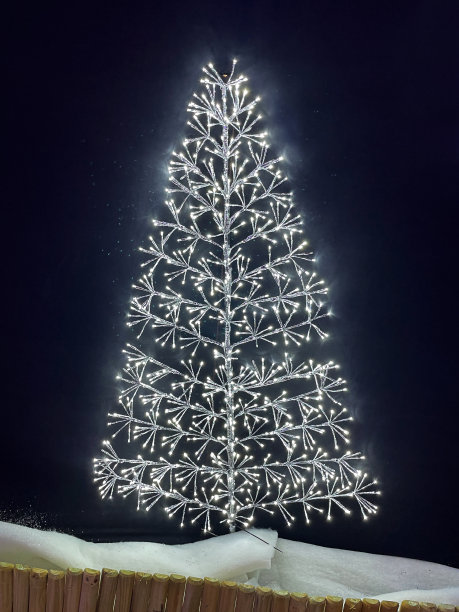 大的特写图像，点亮圣诞树，白色LED精灵灯，照亮圣诞装饰，黑色背景图片下载