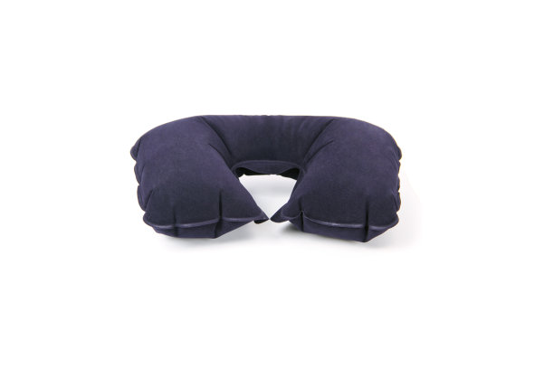 颈枕孤立在白色背景。蓝色u形旅行枕。俯视图的飞机或道路充气装置的长途旅行，以支持你的脖子时，睡觉图片下载