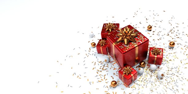 白色背景上的圣诞礼物和五彩纸屑图片下载