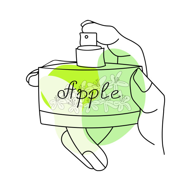 绿色抽象形状的线条艺术香水，瓶子里有花朵，命名为苹果。矢量图图片下载