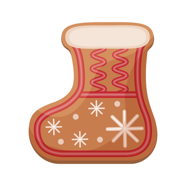 可爱的圣诞姜饼装饰的糖霜，新年姜饼形状的靴子。用糖霜装饰的节日糕点。袜子形状的圣诞饼干。孤立的向量图片下载
