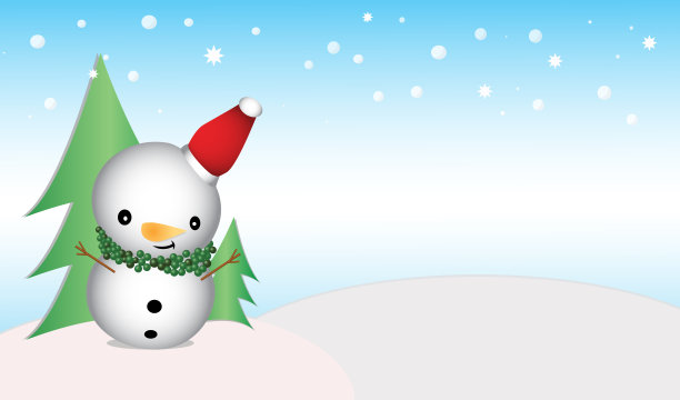 雪人带着笑脸和树一起在山上开心。图片下载