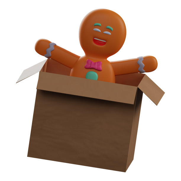 3D姜饼卡通插图从一个盒子出来图片下载