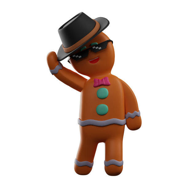 酷姜饼3D卡通插图有黑帽子和眼镜图片下载