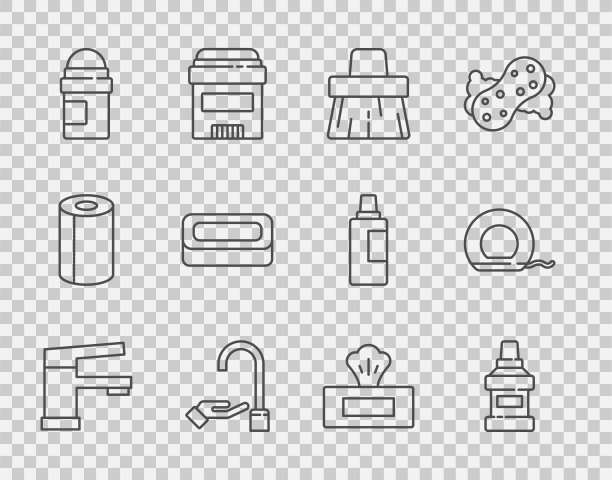 设置线水龙头，漱口瓶，扫帚，用肥皂洗手，止汗除臭剂卷，棒，湿纸巾包和牙线图标。向量图片下载
