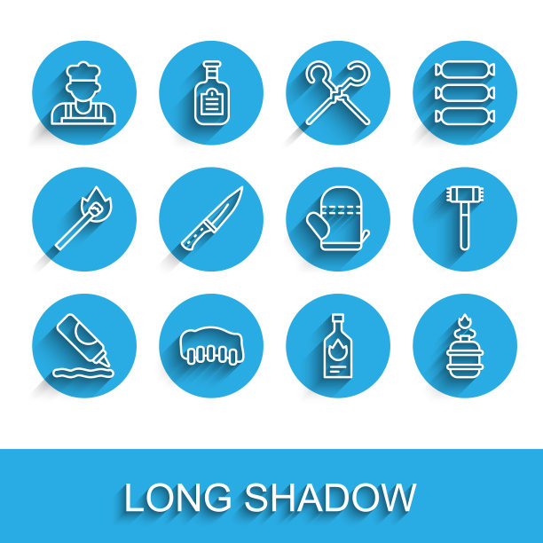 番茄酱瓶，烤猪肉烤排骨，厨师，塔巴斯科酱，野营煤气炉，切肉刀，厨房锤子和烤箱手套图标。向量图片下载