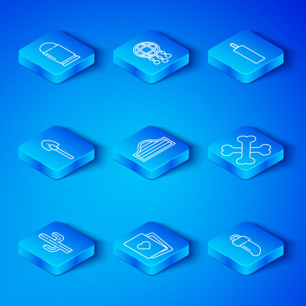 设置线仙人掌，沙龙门，扑克甲板，交叉人体骨头，炸药炸弹，铲子，子弹和牙齿图标。向量图片下载