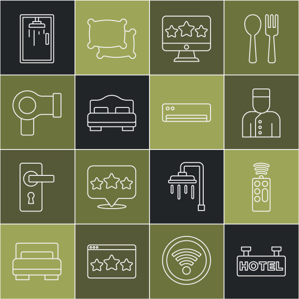 设置线招牌与文字酒店，遥控器，礼宾，五星评级评论，房间床，吹风机，淋浴房和空调图标。向量图片下载