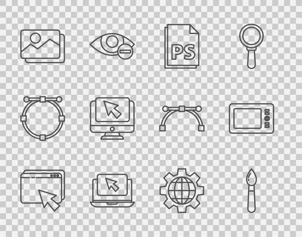 设置线网页设计和开发，油漆刷，PS文件文件，笔记本电脑光标，图片景观，计算机显示器，地球齿轮和图形平板电脑图标。向量图片下载