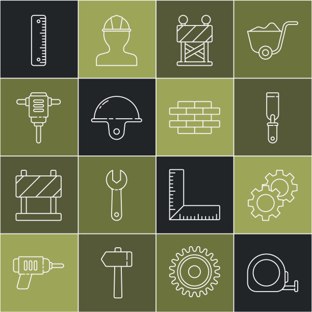 设置线轮盘建设，齿轮，锉刀金属文件，道路屏障，工人安全帽，电旋转锤钻机，尺和砖图标。向量图片下载