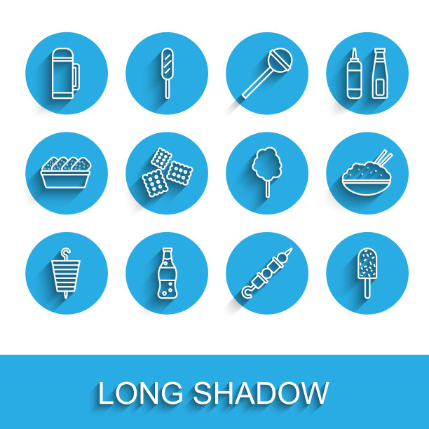 集线烤羊肉串，瓶装水，保温瓶容器，冰淇淋，饼干，米饭碗与筷子和棉花糖图标。向量图片下载