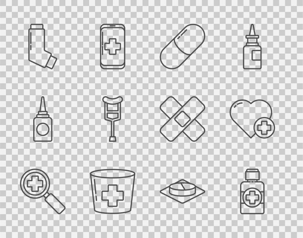 设置线放大镜搜索医疗，瓶药糖浆，药丸片剂，护士帽与十字，吸入器，拐杖拐杖，和心脏图标。向量图片下载