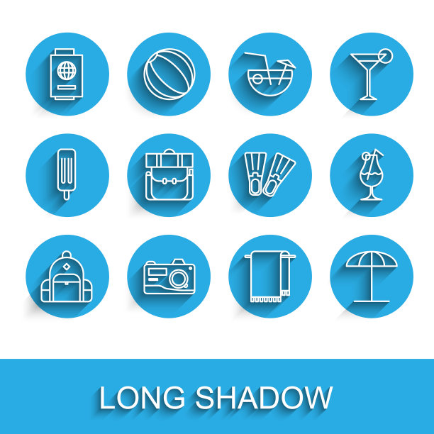 徒步背包，相机，护照和机票，毛巾挂在衣架上，沙滩遮阳伞，鸡尾酒和酒精饮料和橡胶鳍图标。向量图片下载