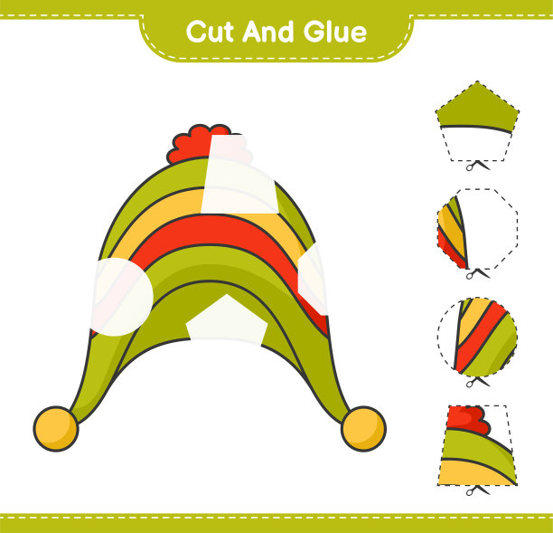 剪切和粘合，剪切帽子的部分并粘合它们。教育儿童游戏，可打印的工作表，矢量插图图片下载