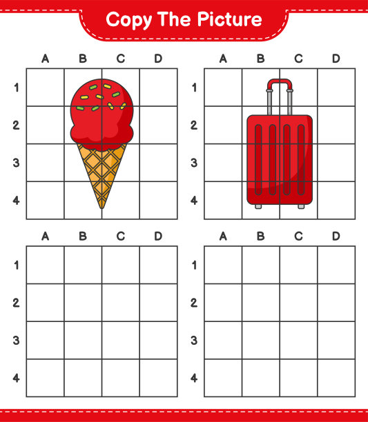 复制图片，复制图片的冰淇淋和旅行袋使用网格线。教育儿童游戏，可打印的工作表，矢量插图图片下载