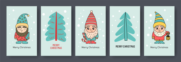 圣诞树贺卡集。小侏儒。手绘侏儒草图。卡通矢量插图。可爱的小矮人和糖果、手杖和灯笼图片下载