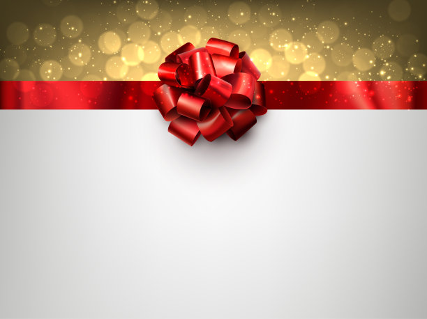 红色箔丝带与美丽的蝴蝶结在金色的散景背景。图片下载