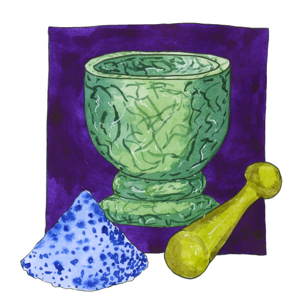 矢量水彩砂浆和杵与粉末在紫罗兰广场。蓝色的魔法女巫，绿色的大理石碗和赭色的捣锤在紫色的背景上。炼金术，医药或烹饪的插图图片下载
