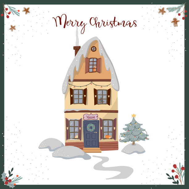 圣诞贺卡上有冬天的房子和冷杉树图片下载