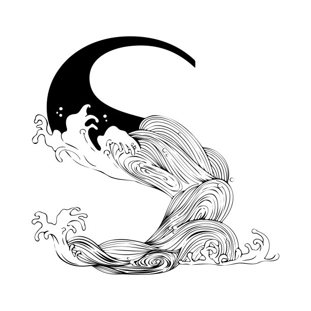 大写字母S加上海浪和泡沫的日本平面艺术风格。图片下载