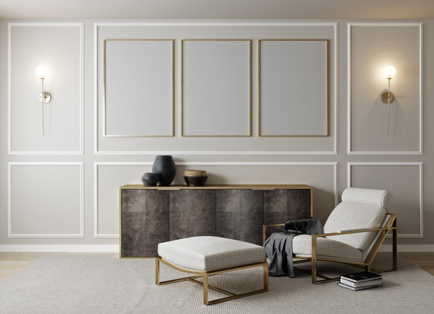 现代室内，自然粉彩房间背景海报模拟，3d渲染图片下载