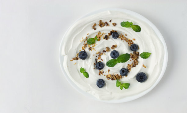 蓝莓酸奶，格兰诺拉麦片和薄荷，俯视图，食物背景，特写，宏观，图片下载