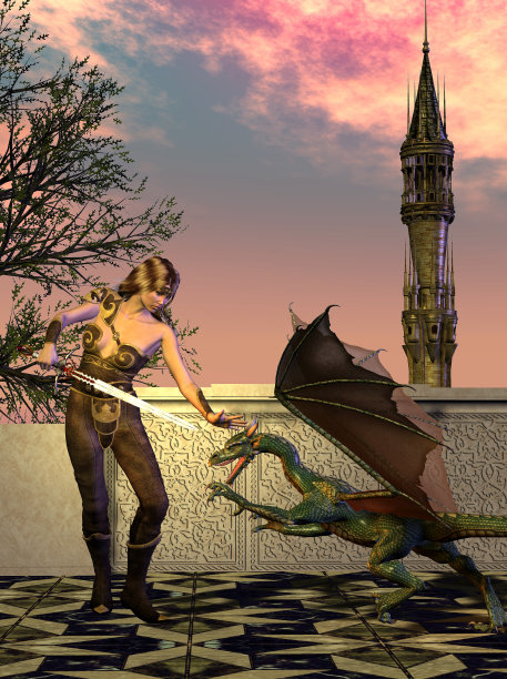 幻想女战士在城堡中与小龙战斗，3d渲染图片下载