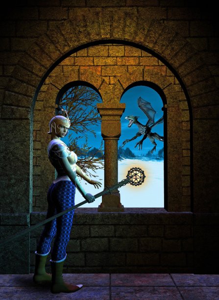 幻想战士在城堡中等待龙，3d渲染图片下载