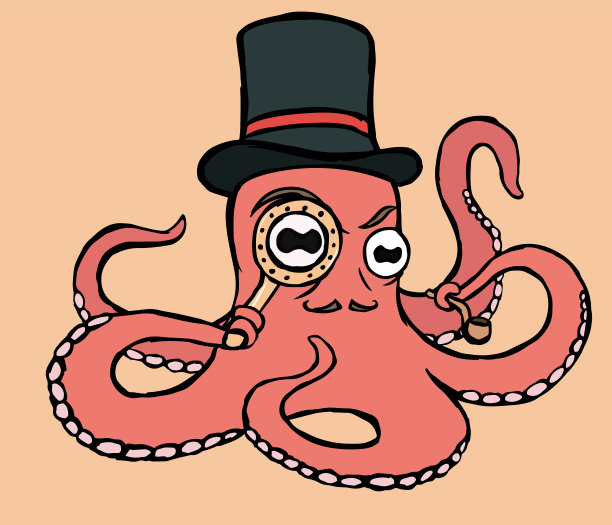 长着八字胡、戴着大礼帽、触角上有放大镜和烟斗的章鱼。图片下载