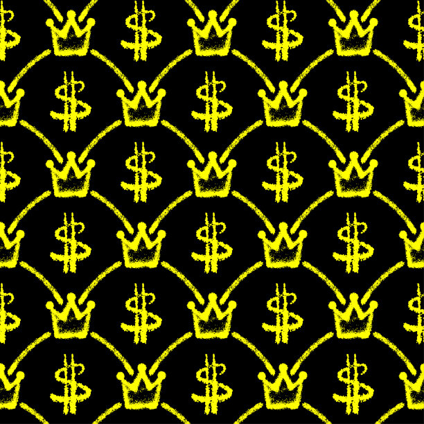美丽的黄色墨水皇冠，线，和美元符号孤立在黑色背景。可爱的单色皇家无缝图案。矢量简单的平面图形手绘插图。纹理。图片下载