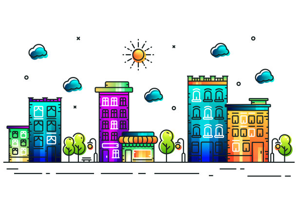 线条风格的插图建筑，设计丰富多彩图片下载