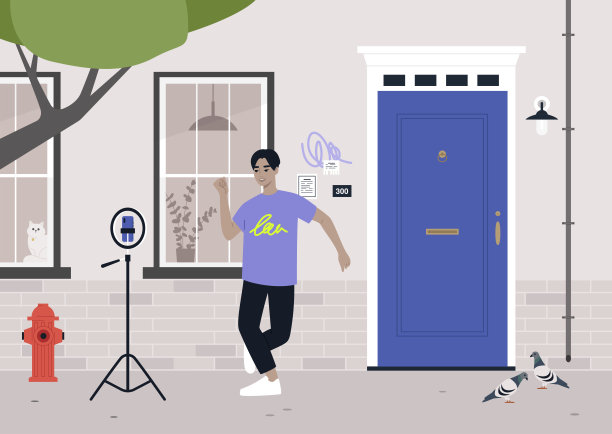 舞蹈挑战，一个年轻的亚洲男性角色用三脚架录制移动视频，现代生活方式，数字娱乐图片下载