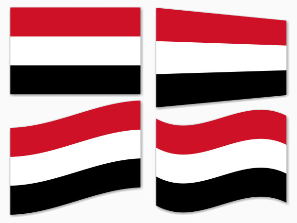 孤立的也门国旗设置随风飘扬的形状，元素为图标，标签，旗帜，按钮等矢量设计。图片下载