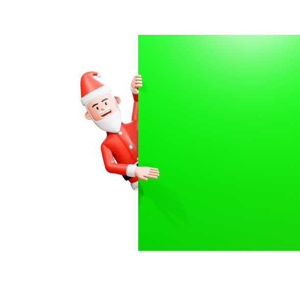 圣诞节的概念说明。3d圣诞老人偷窥，展示绿色屏幕横幅上的东西图片下载