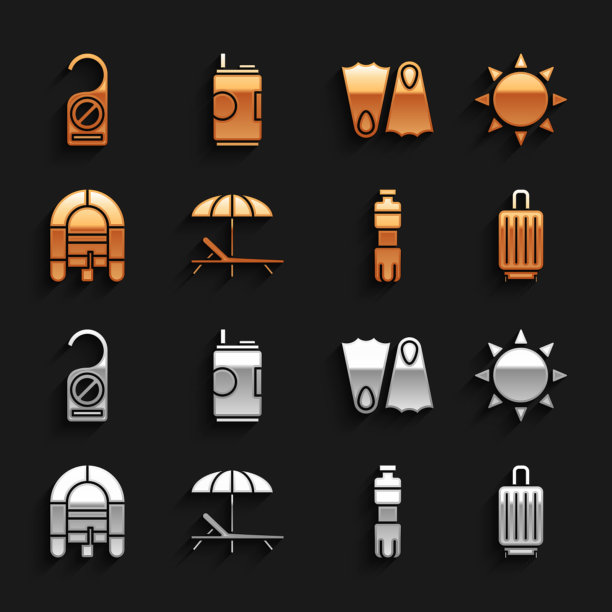 太阳浴床，雨伞，手提箱，一瓶水图片下载