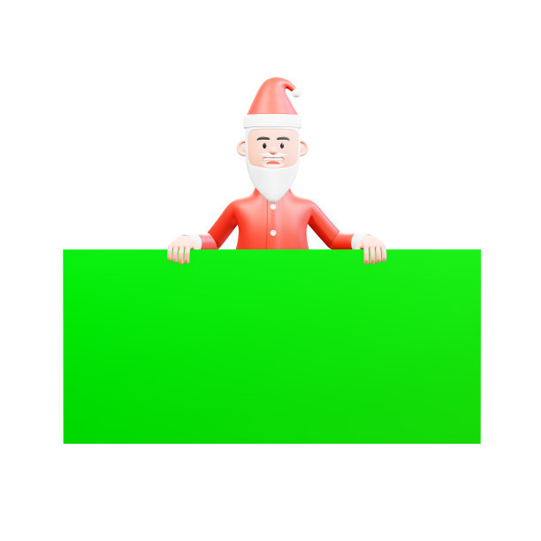 三维插图圣诞老人站在和举着一个大的绿色旗帜在它前面图片下载