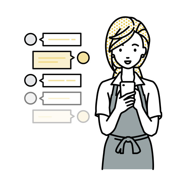 一位穿着咖啡围裙的女士站在那里，看着手里的智能手机，享受着通过社交网络聊天的交流图片下载