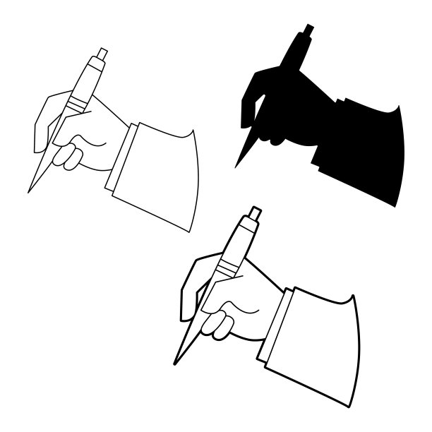 男人的手拿着一支钢笔。的迹象。标志。矢量插图，剪影和线绘制图片下载