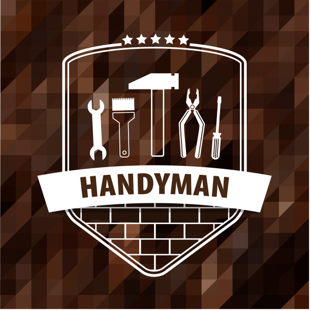专业勤杂工服务标志多边形背景在深棕色。多边形背景上的徽章与修复工具集。股票向量。EPS10。图片下载