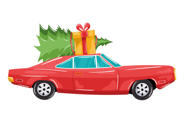 漂亮的红色汽车，上面有圣诞树和礼品盒图片下载