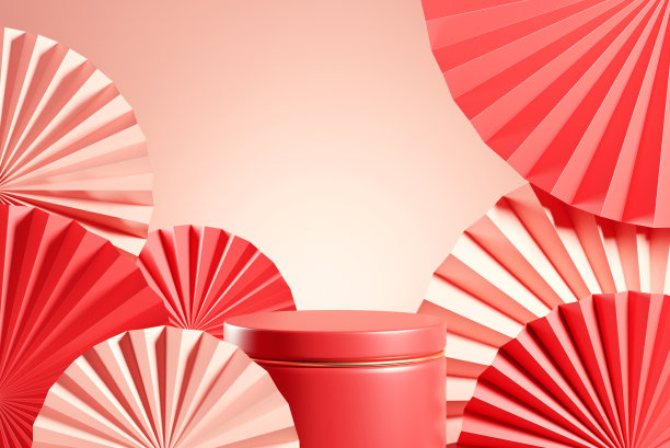 中国新年，红色讲台展示模型在粉红色抽象背景与红色手纸扇子，舞台为产品最小的展示。图片下载