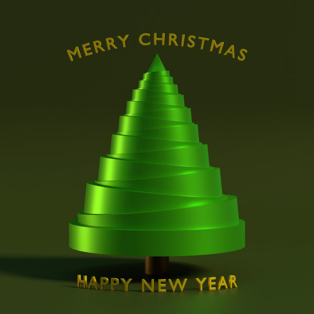 新年贺卡与圣诞树由金属装饰在绿色背景图片下载