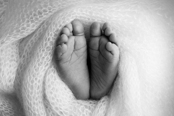 新生儿的腿，脚趾，脚和脚跟。裹在白色的针织毯子里，裹着。微距摄影,特写。黑色和白色。图片下载